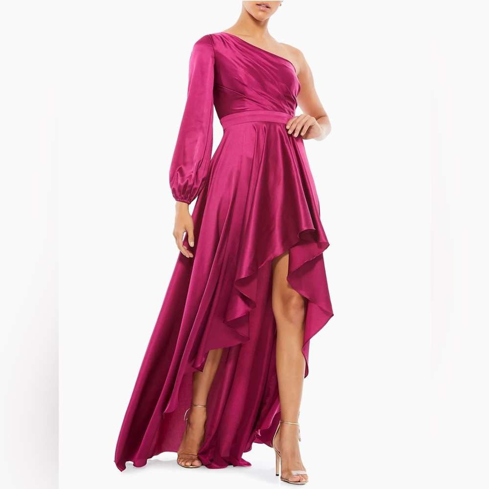leena for Mac Duggal One-Shoulder Long Sleeve Satin High/Low Gown, Berry, size 8